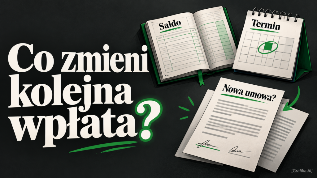 Plansza z pytaniem, co zmieni kolejna wpłata, i hasłami saldo, termin oraz nowa umowa