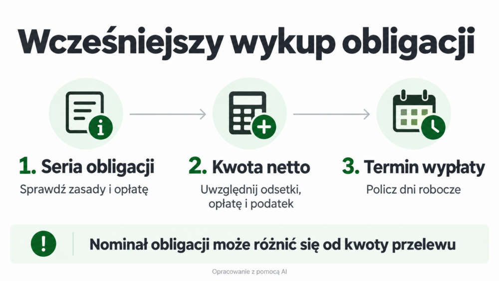 Trzy informacje potrzebne przed wykupem obligacji: seria, kwota netto i termin wypłaty.