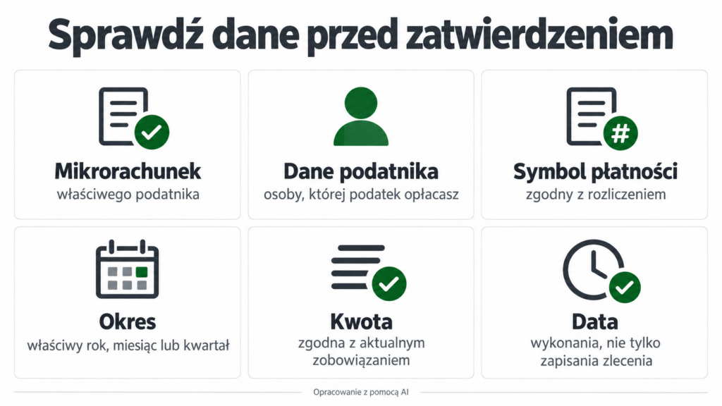 Dane do sprawdzenia: mikrorachunek, podatnik, symbol płatności, okres, kwota i data wykonania.