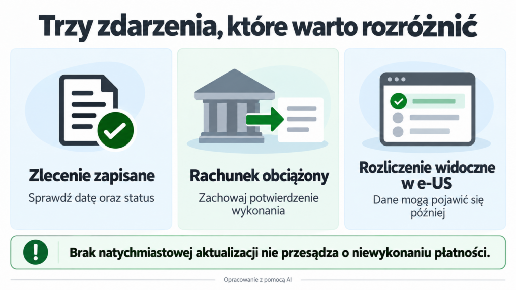 Trzy różne zdarzenia: zapisanie zlecenia, obciążenie rachunku i pokazanie rozliczenia w e-US.