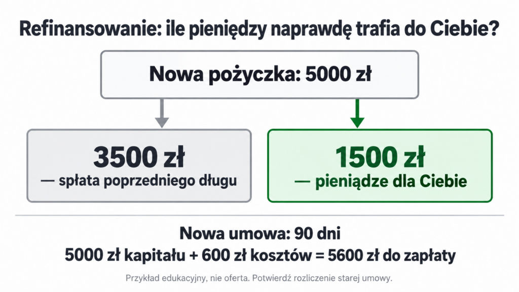 Z nowej pożyczki 5000 zł kwota 3500 zł spłaca poprzedni dług, a 1500 zł trafia do klienta.