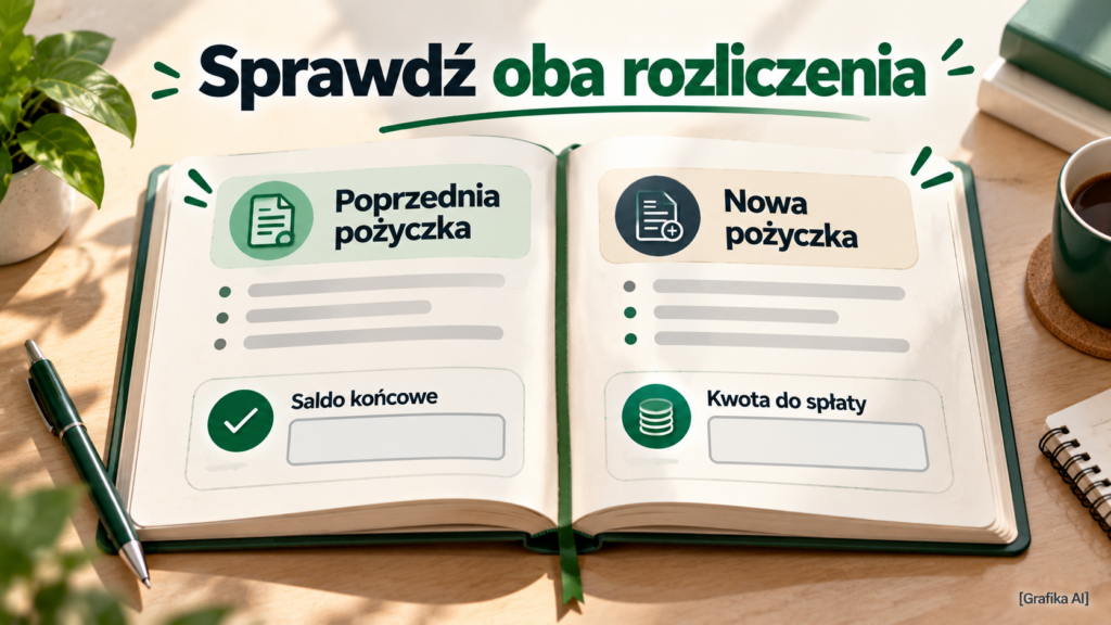 Otwarta księga z oddzielnymi stronami dla poprzedniej i nowej pożyczki