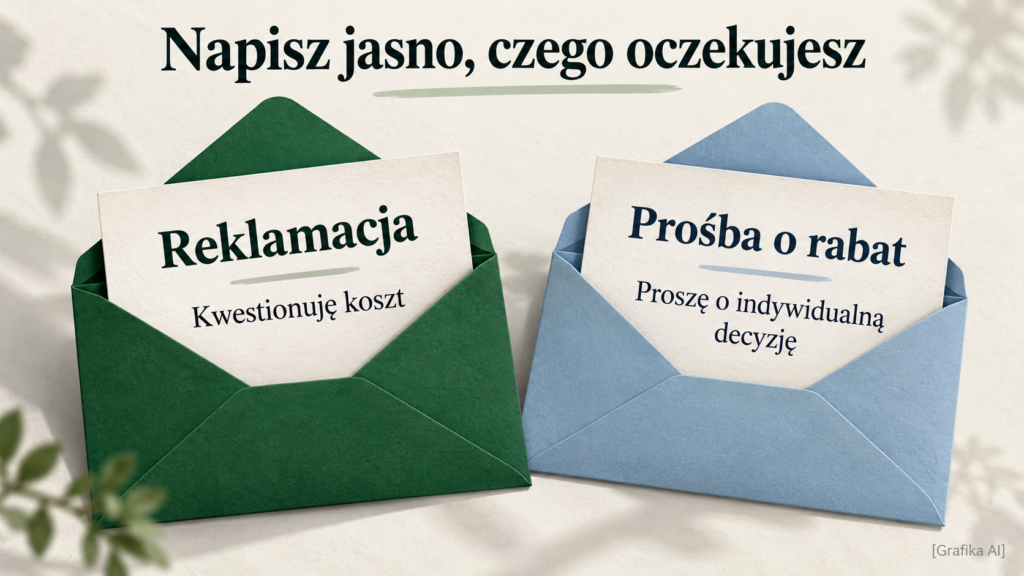 Dwa listy przedstawiające reklamację kosztu i prośbę o zachowanie rabatu.
