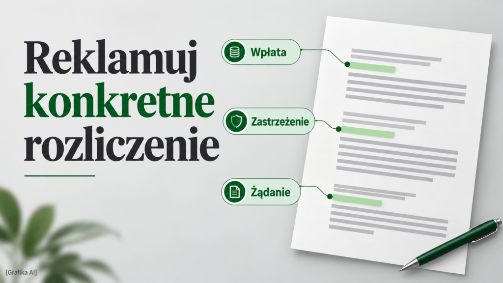 Ilustracyjna reklamacja z wyróżnionymi częściami: wpłata, zastrzeżenie i żądanie