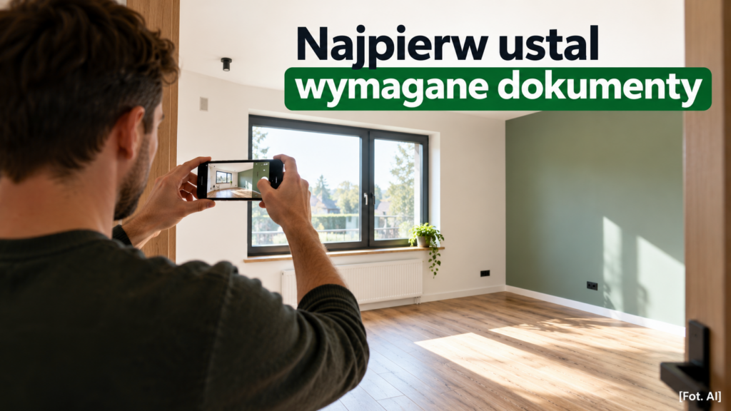 Osoba fotografuje wykończoną ścianę, okno i podłogę w jednym pomieszczeniu.