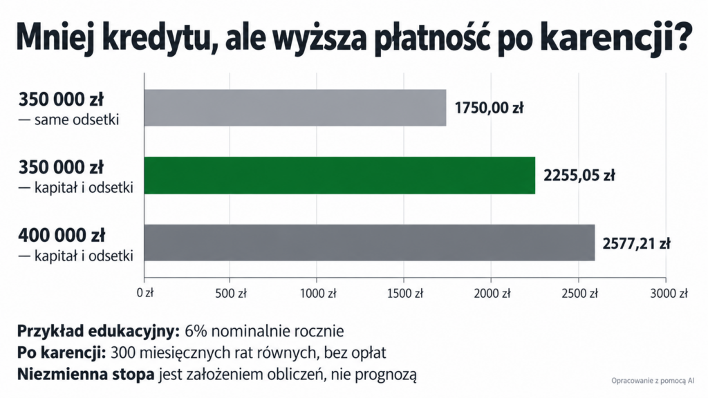 Modelowe płatności: 1750 zł samych odsetek, 2255,05 zł raty od 350 000 zł i 2577,21 zł od 400 000 zł.