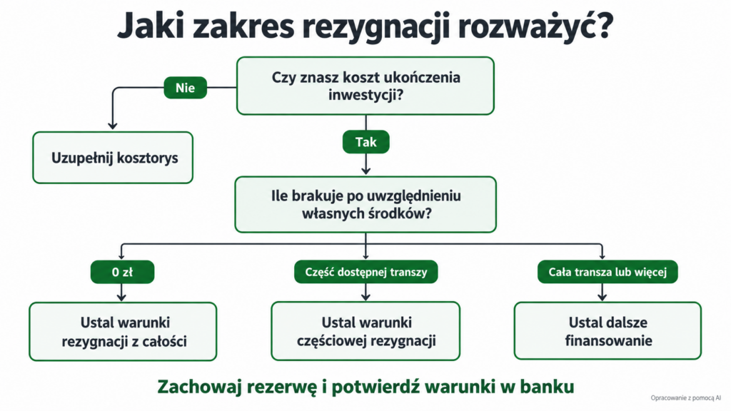 Schemat pomaga ustalić, czy rozważyć rezygnację z całości transzy, z jej części, czy dalsze finansowanie.
