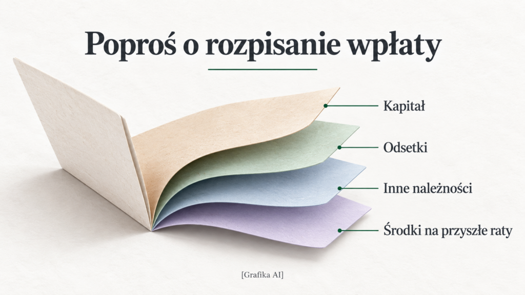 Cztery pozycje rozliczenia wpłaty: kapitał, odsetki, inne należności i środki na przyszłe raty.