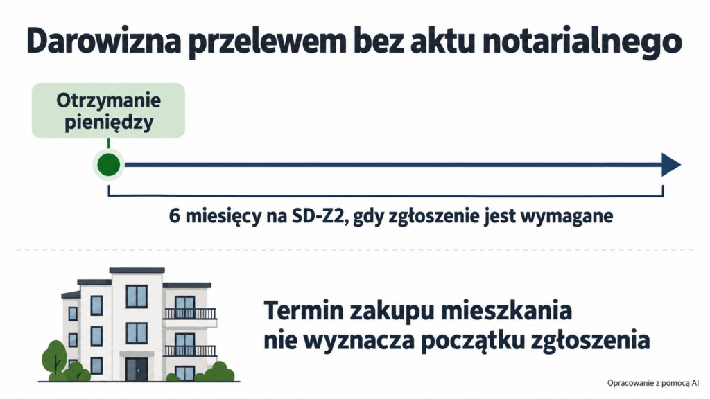Schemat terminu SD-Z2 rozpoczynającego się przy otrzymaniu pieniędzy, z zakupem mieszkania pokazanym jako osobne zdarzenie.