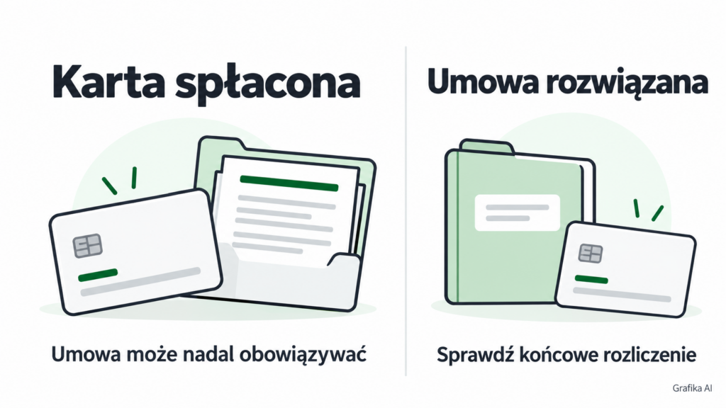 Porównanie spłaconej karty z nadal działającą umową i karty po potwierdzonym zakończeniu umowy.