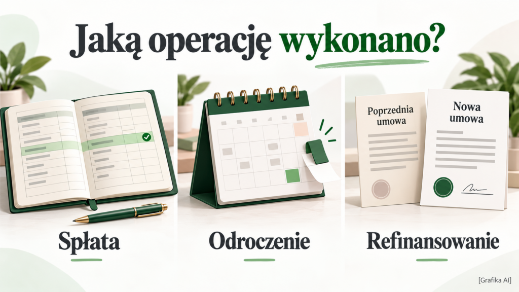 Trzy ilustracje przedstawiające spłatę, zmianę terminu i nową pożyczkę