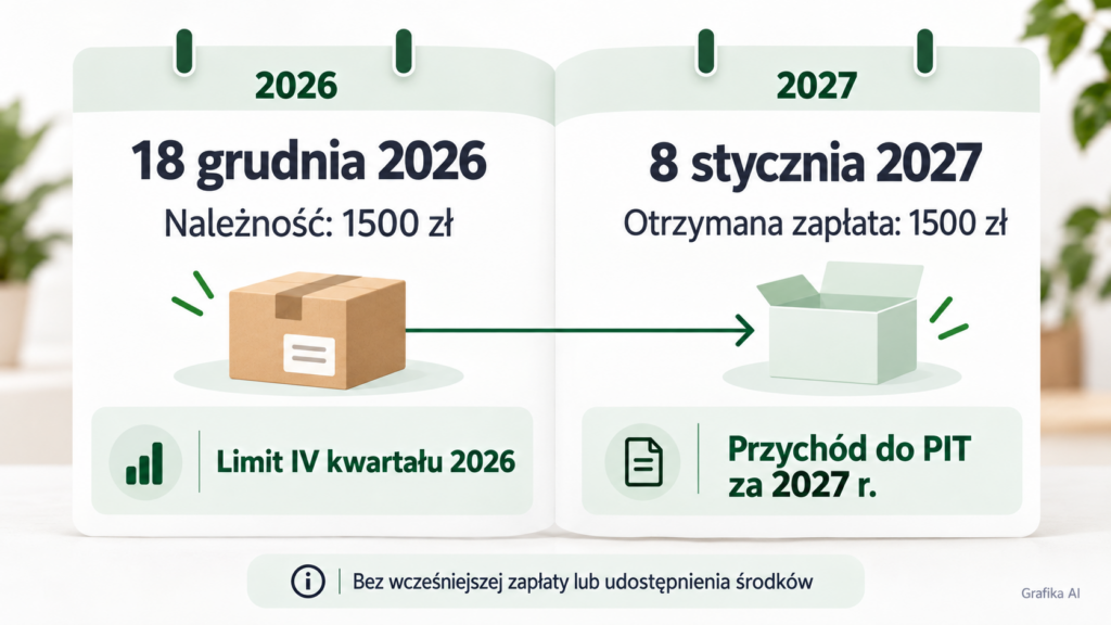Porównanie należności 1500 zł z grudnia 2026 roku i zapłaty otrzymanej w styczniu 2027 roku.
