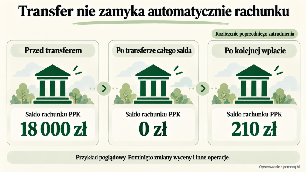 Stary rachunek PPK ma kolejno 18 000 zł, zero po transferze i 210 zł po nowej wpłacie