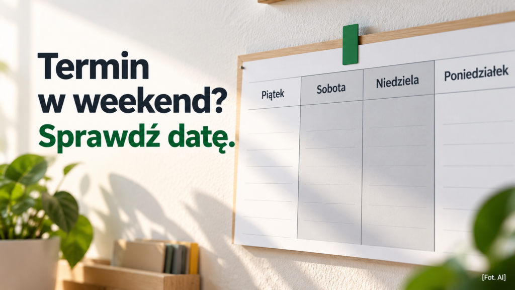 Kalendarz z zaznaczonym weekendem i napisem zachęcającym do sprawdzenia terminu spłaty.