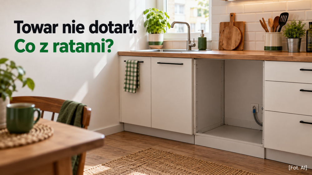 Puste miejsce na zmywarkę w domowej kuchni i pytanie o spłatę rat za niedostarczony towar.