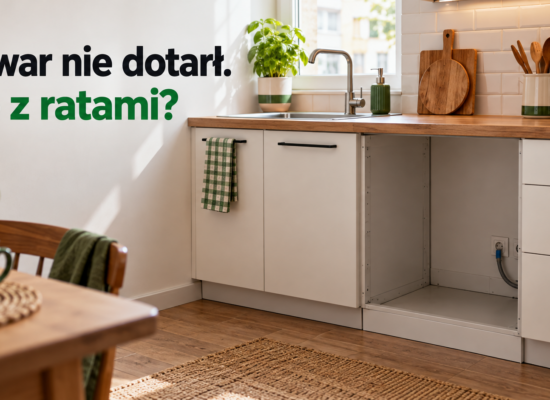 Puste miejsce na zmywarkę w domowej kuchni i pytanie o spłatę rat za niedostarczony towar.