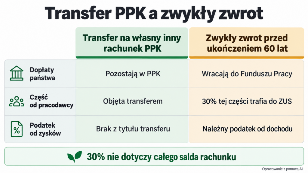 Porównanie transferu między rachunkami PPK i zwrotu środków przed ukończeniem 60 lat