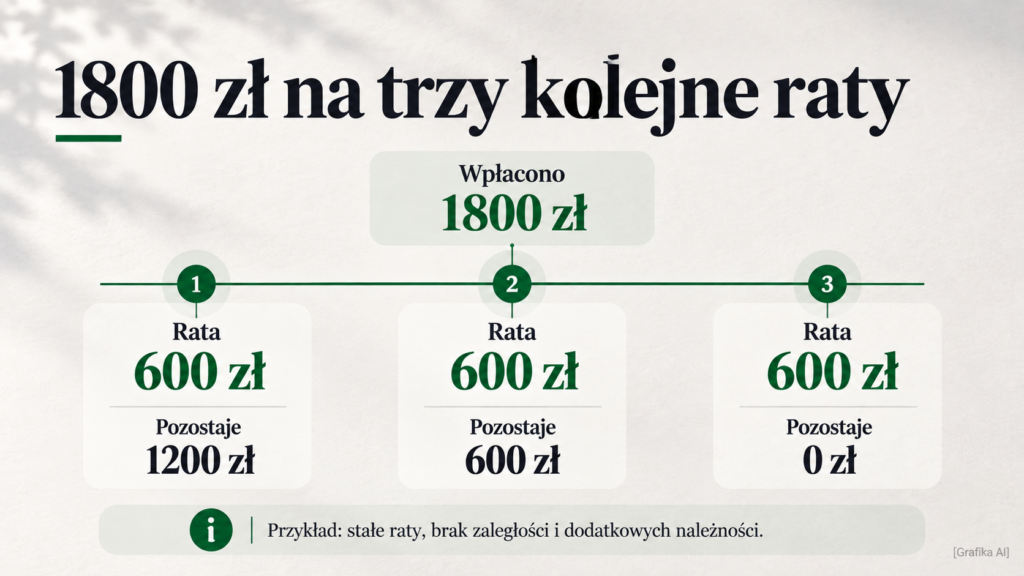 Oś trzech terminów spłaty po 600 zł; środki na przyszłe raty maleją z 1800 zł do zera.
