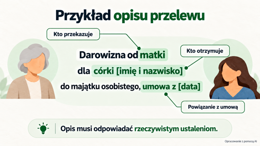 Przykładowy opis przelewu z wyróżnieniem darczyńcy, obdarowanego i daty umowy.