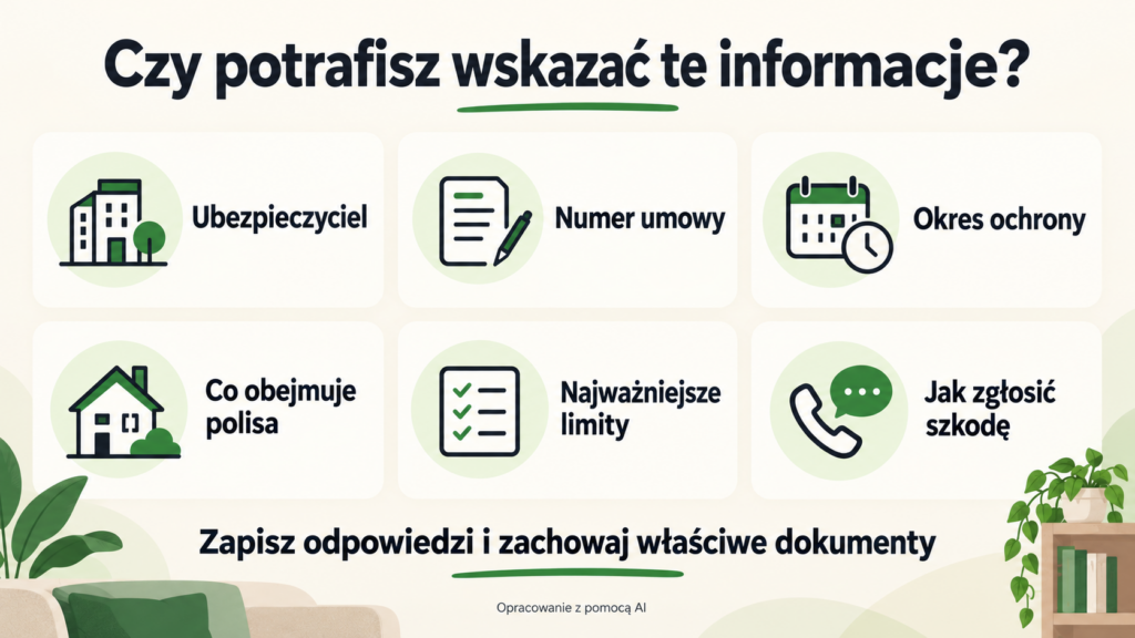 Lista sześciu informacji o polisie: ubezpieczyciel, numer, okres, zakres, limity i zgłoszenie szkody.