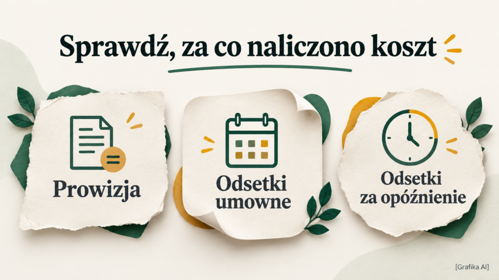 Trzy oddzielne etykiety kosztów: prowizja, odsetki umowne i odsetki za opóźnienie.