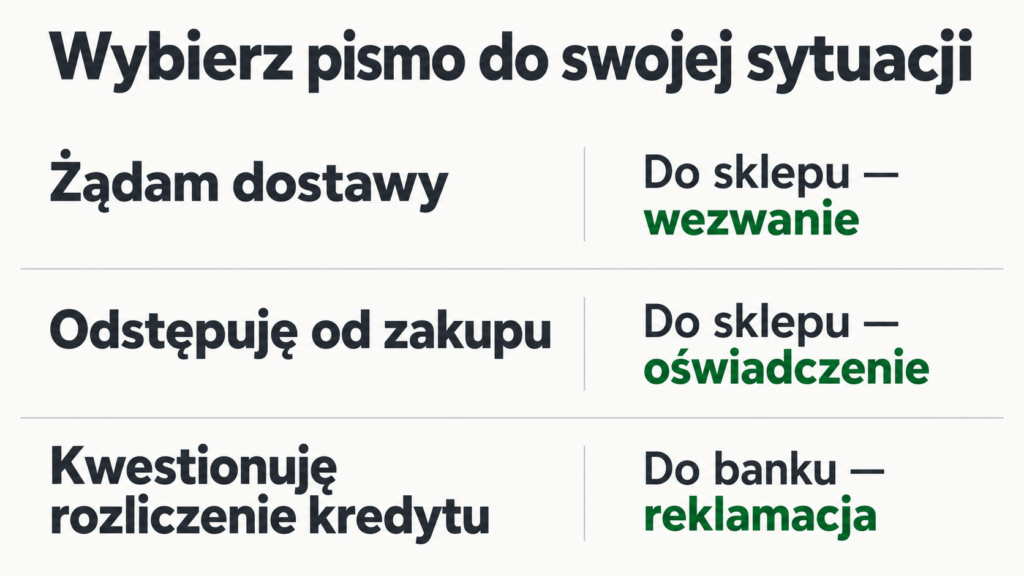 Trzy cele pism: żądanie dostawy do sklepu, odstąpienie od zakupu do sklepu i reklamacja rozliczenia do banku.