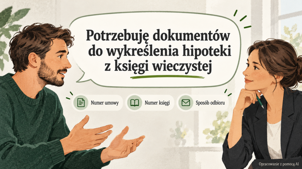 Ilustracja rozmowy z bankiem z komunikatem o dokumentach do wykreślenia hipoteki