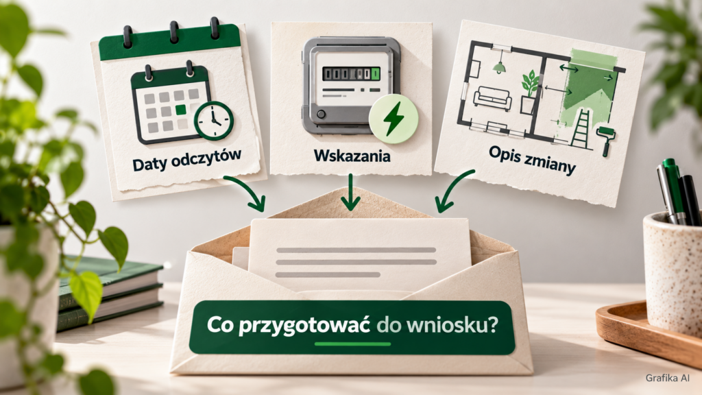 Ilustracja łącząca daty odczytów, stan licznika i opis zmiany zużycia energii.