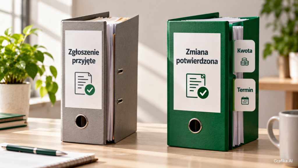Dwie odrębne teczki opisane jako zgłoszenie przyjęte i zmiana potwierdzona.