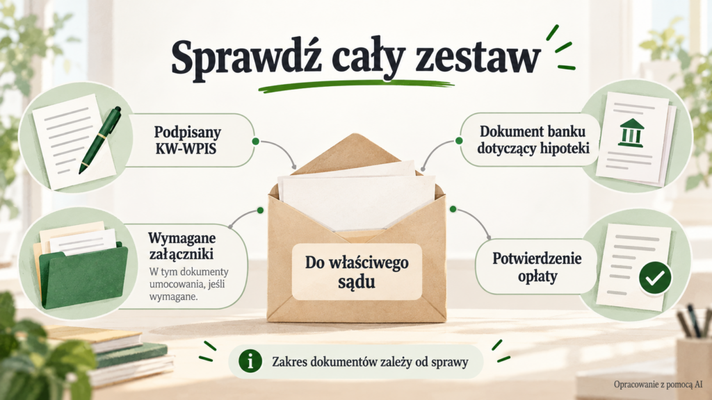 Elementy zestawu do sądu: KW-WPIS, dokument banku, wymagane załączniki i opłata