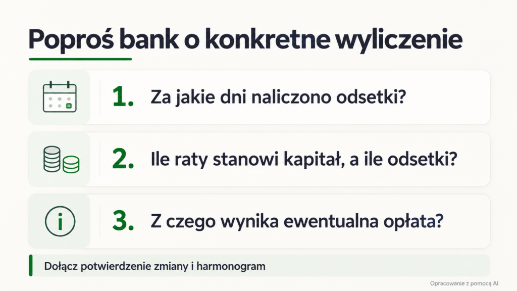 Trzy pytania do banku o okres naliczania odsetek, składniki raty i podstawę ewentualnej opłaty.