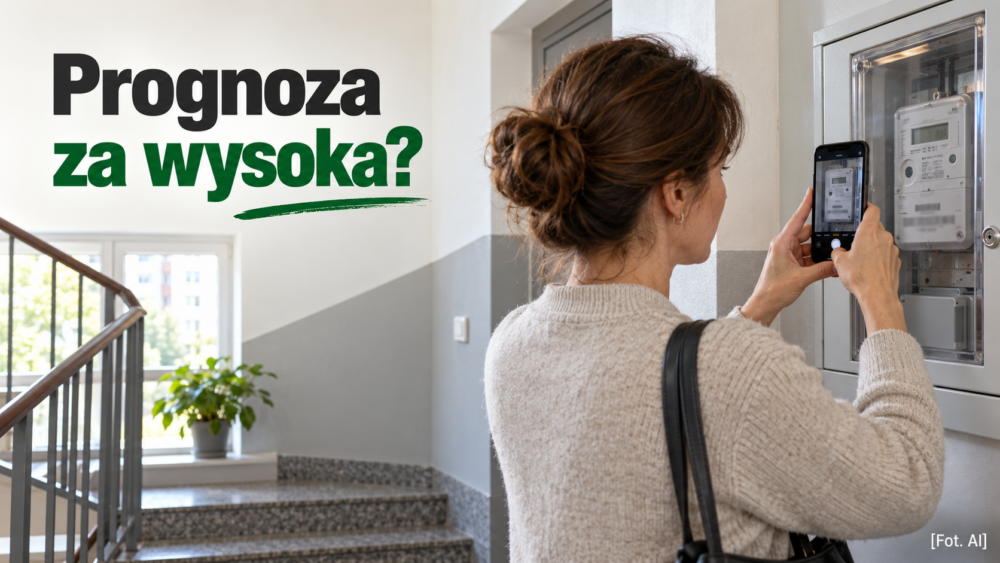 Mieszkanka bloku fotografuje wskazanie licznika energii przez przezroczystą osłonę.