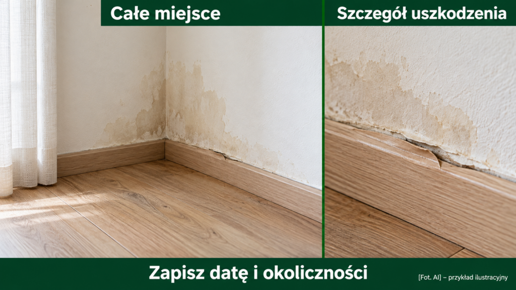 Szeroki widok zacieku na ścianie i zbliżenie uszkodzonej listwy przy podłodze.