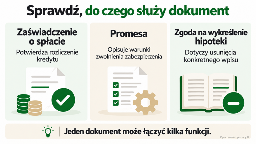 Porównanie funkcji zaświadczenia o spłacie, promesy i zgody na wykreślenie hipoteki