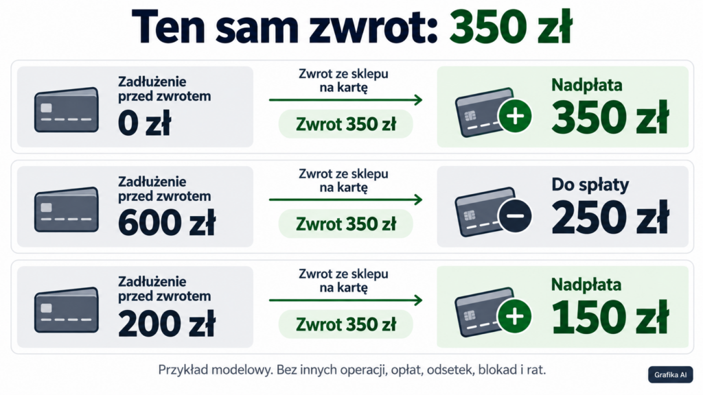 Zwrot 350 zł daje nadpłatę 350 zł, zadłużenie 250 zł albo nadpłatę 150 zł zależnie od wcześniejszych obciążeń.