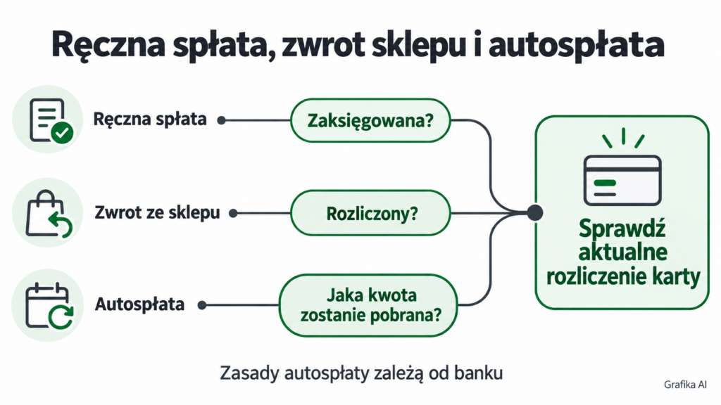 Ręczna spłata, zwrot od sklepu i autospłata jako trzy odrębne operacje wpływające na rozliczenie karty.