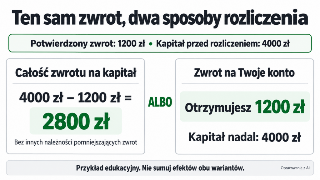 Przy kapitale 4000 zł zwrot 1200 zł zaliczony w całości na kapitał daje saldo 2800 zł; zwrot na konto sam nie zmniejsza długu.