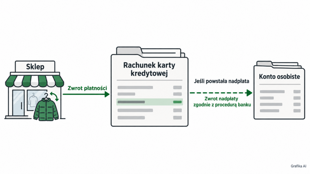 Zwrot ze sklepu trafia na rachunek karty; wypłata nadpłaty na konto wymaga ustalenia procedury banku.